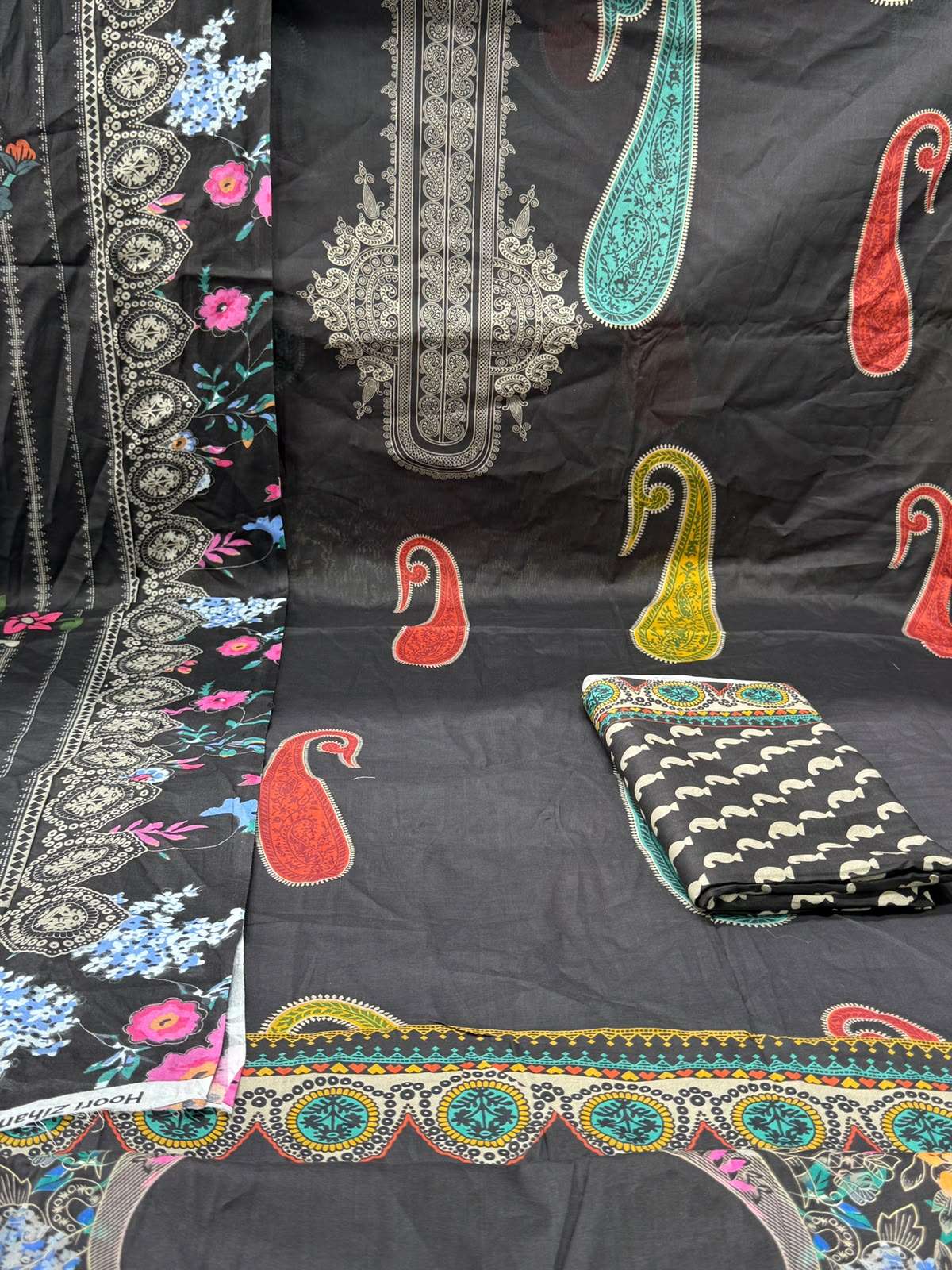 Buta Black Cotton Fabric - 1050