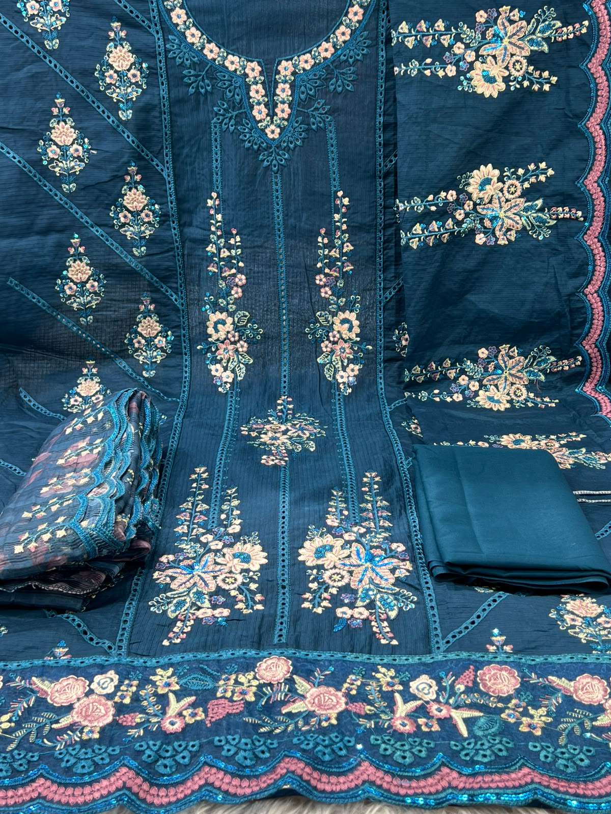 Teal Contrast Unstitched Salwar Kamiz - 1800