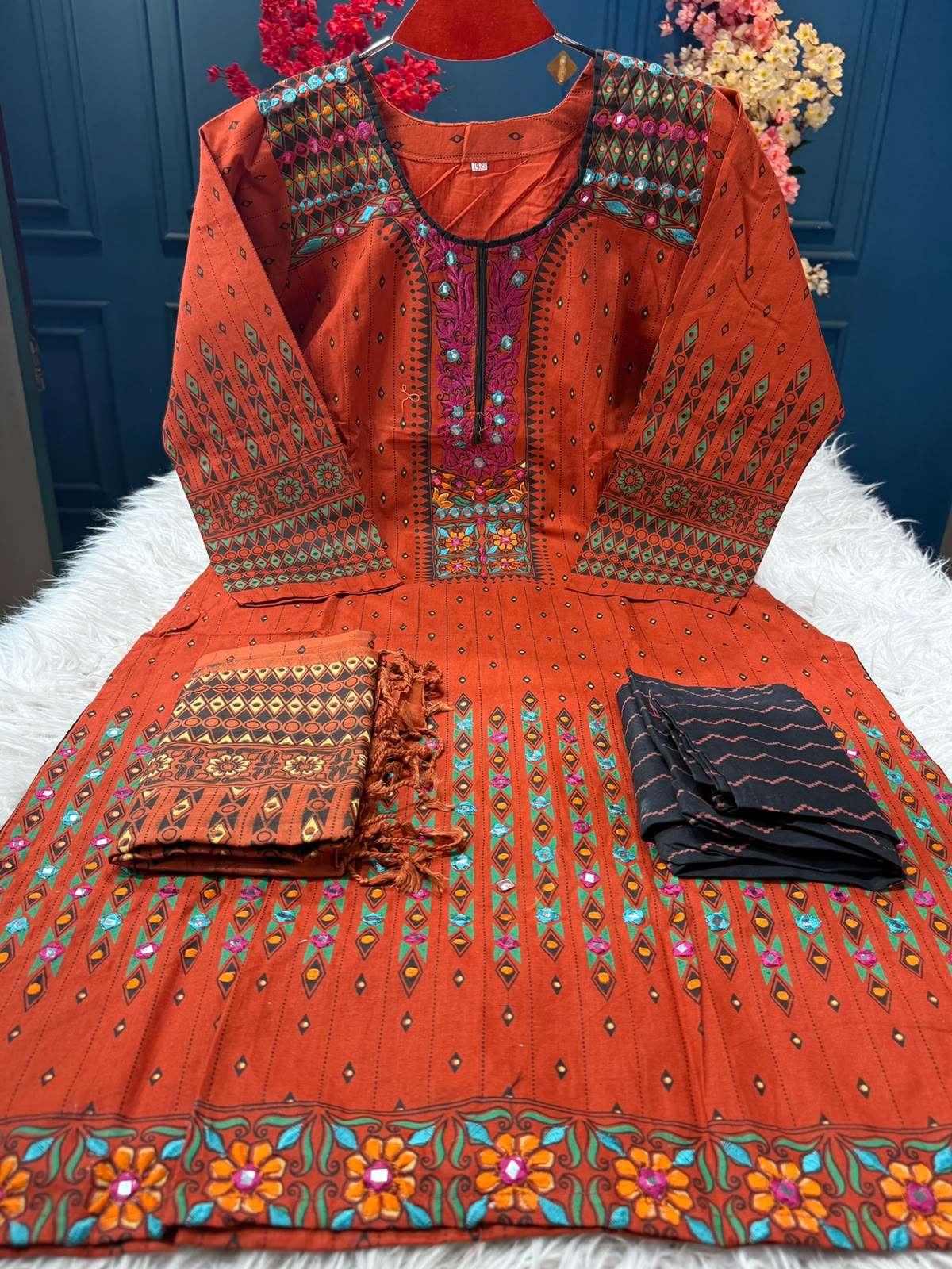 Gorgeous Slub Cotton Stitched Brick Dress - 1150