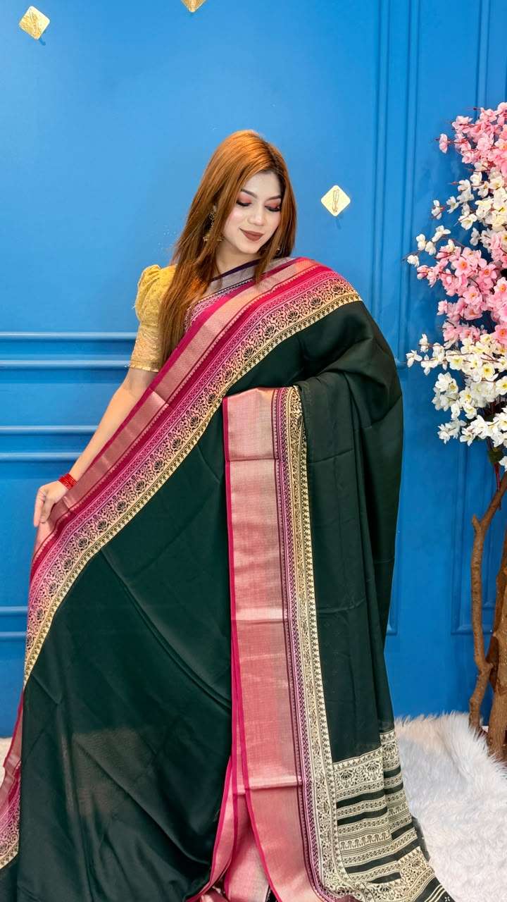 Snigdha Soft Moslin Dark Green Saree