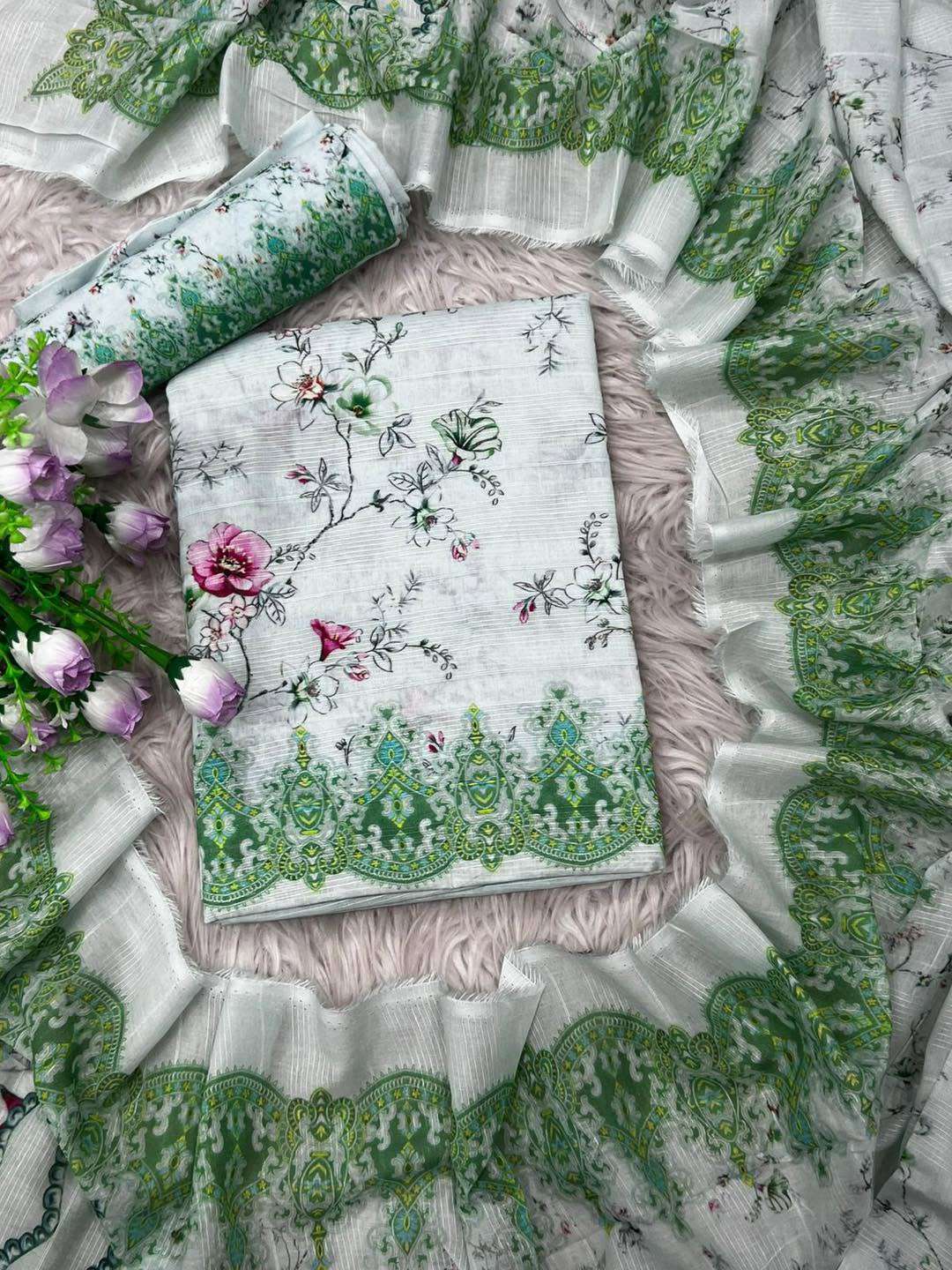 Step Cotton Fashionable Unstitched Dress Greeny Leaf - 1250