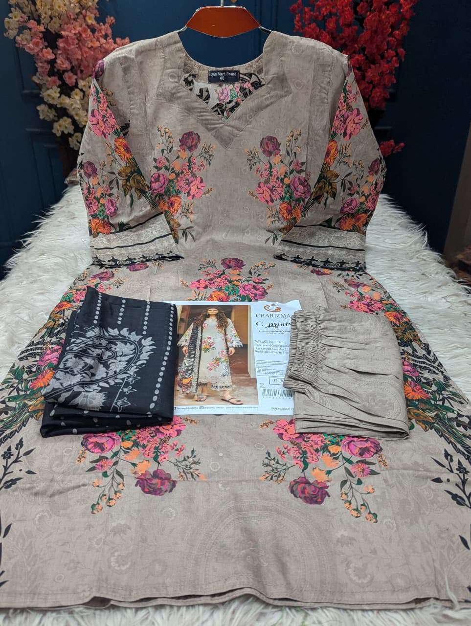 Charizma Printed Cream Black Stitched Cotton Set - 1150