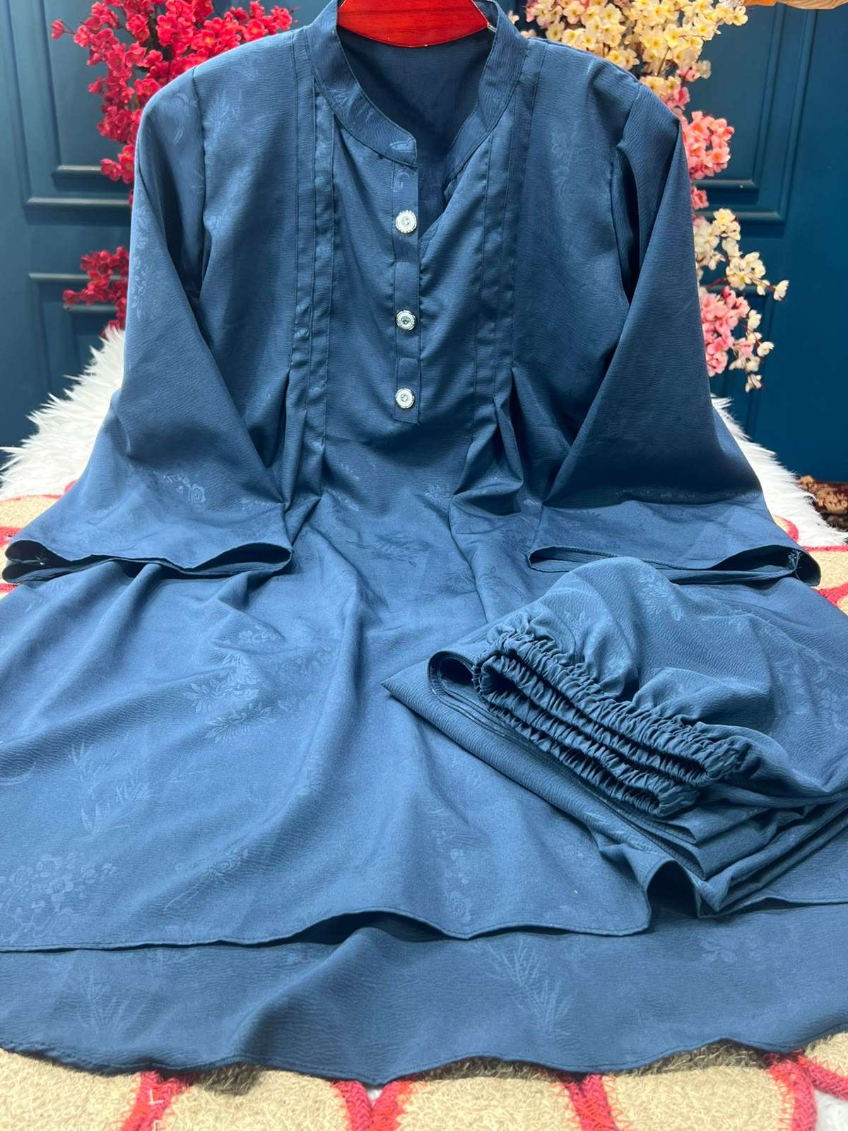 Soft China Georgette Faded Navy Short Combo Pattern Kurti - 900