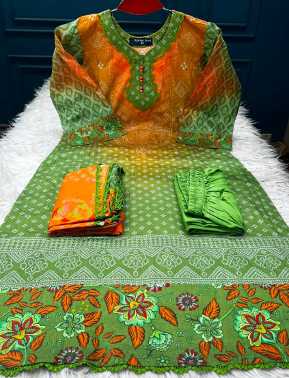 Chunri Printed Greeny Orange Stitched Salwar Kamiz - 1100