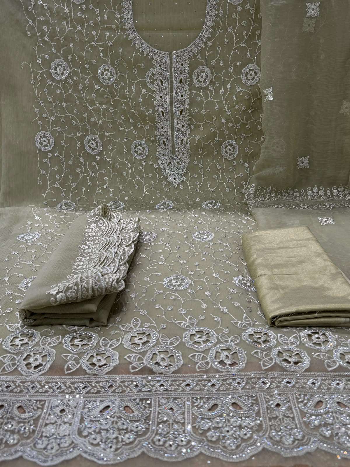 Kanchi Patti Unstitched Olive Set - 2250