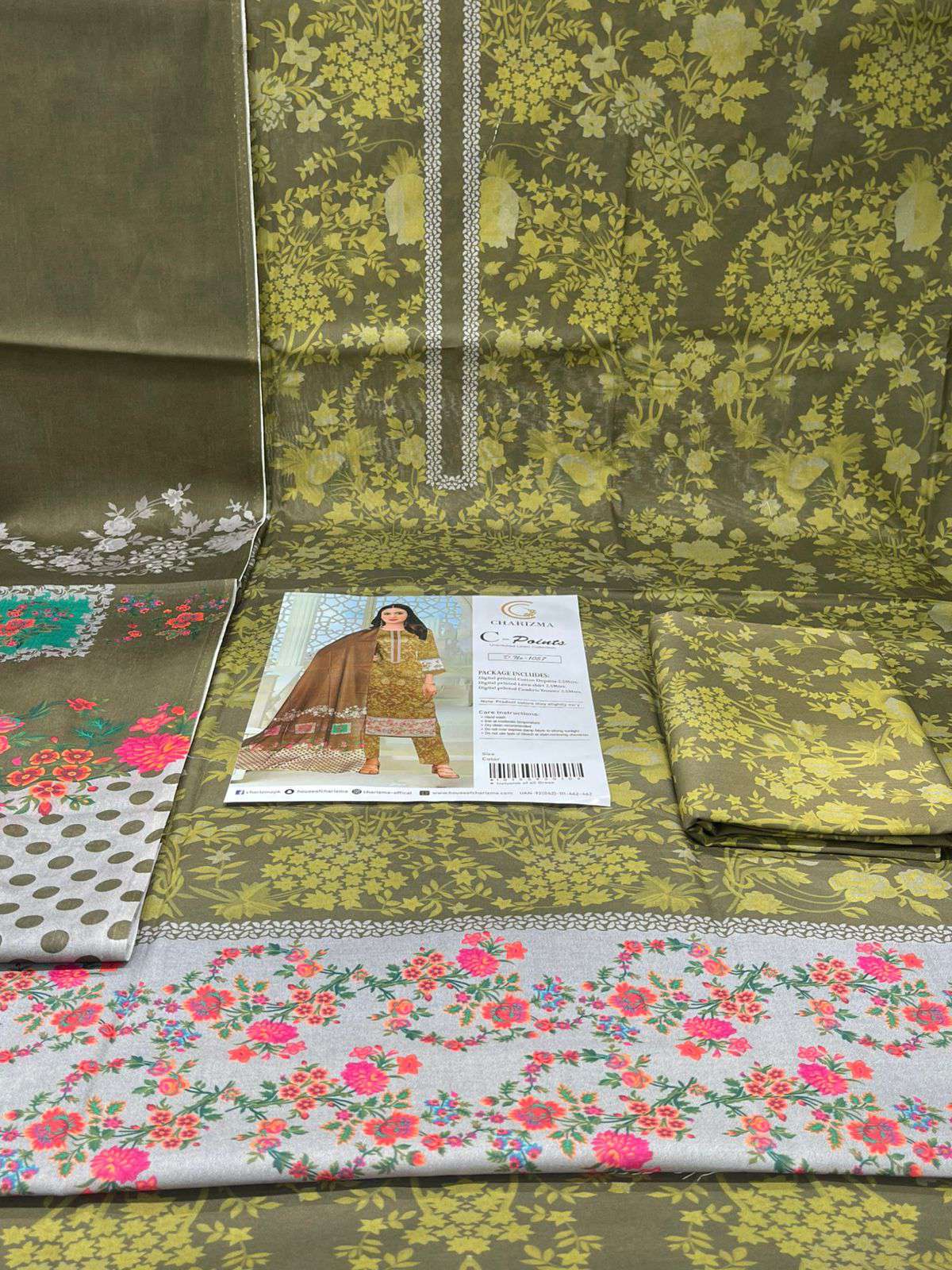 Charizma Pakistani Catalogue Printed Unstitched Cotton Collection - Olive 1050