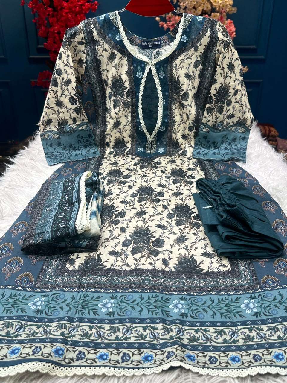 Phulmoti Step Cotton Ready Teal Set - 1050