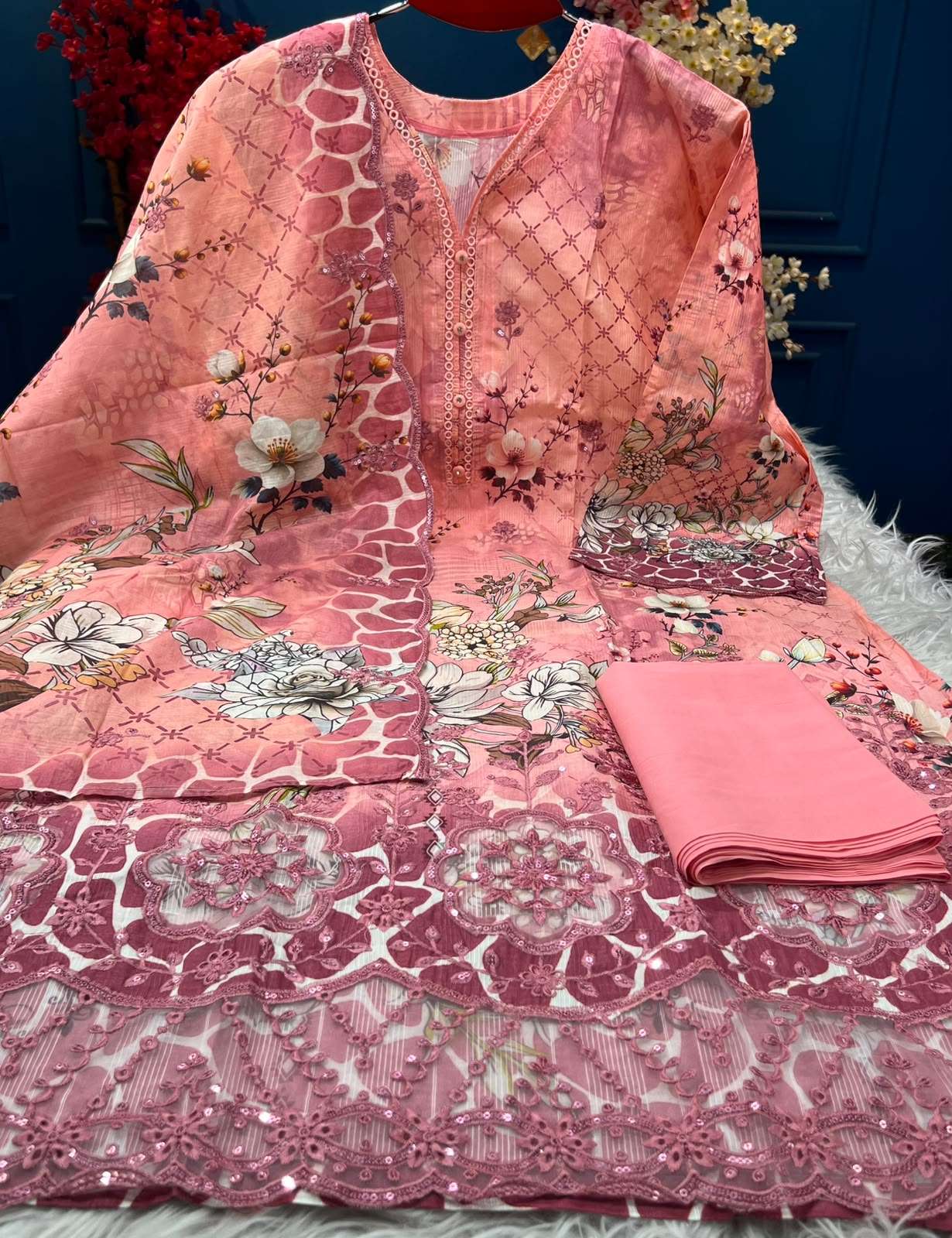 Semi Stitched Net Pink Festive Suit - 1690