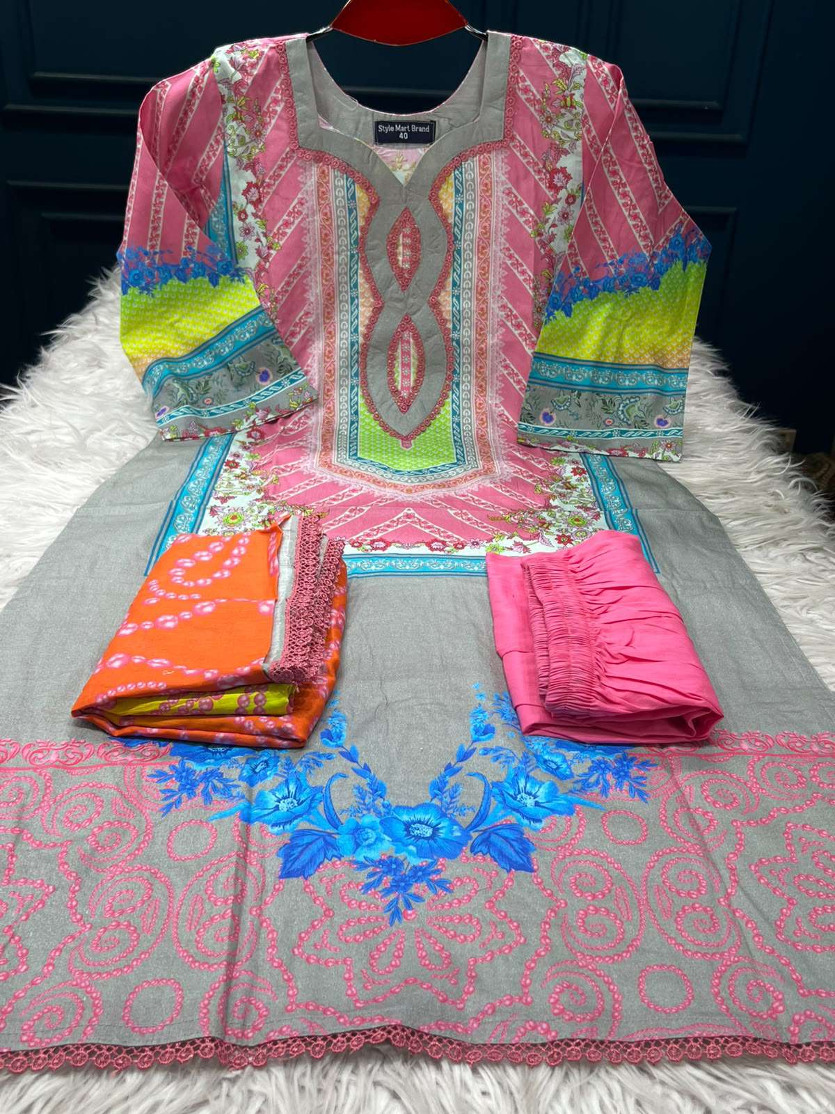 Pretty Yellow Pink Stitched Lawn - 1100