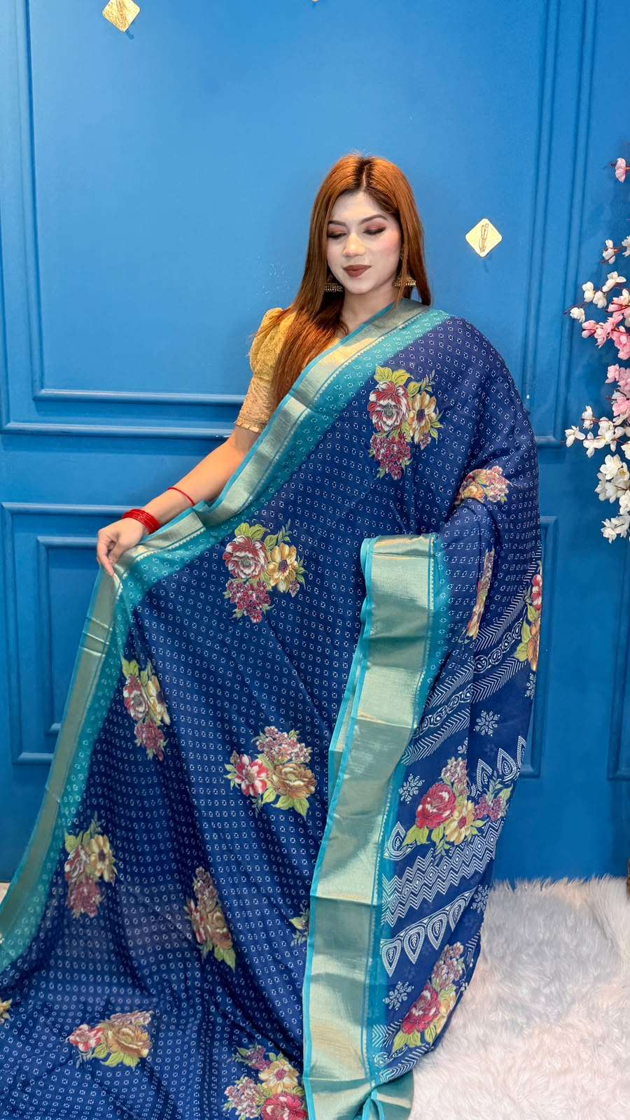 Snigdha Soft Moslin Navy Blue Floral Saree
