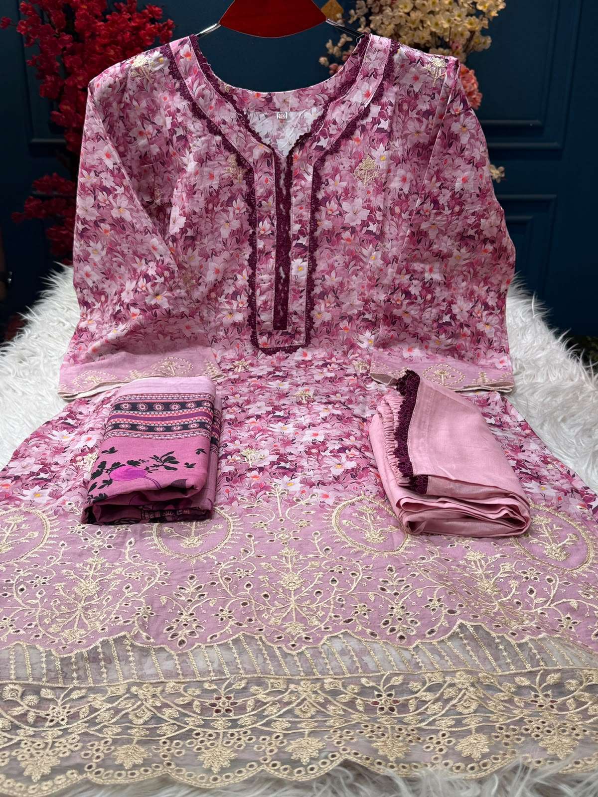 Cutwork Detail Suit - 999 Pink