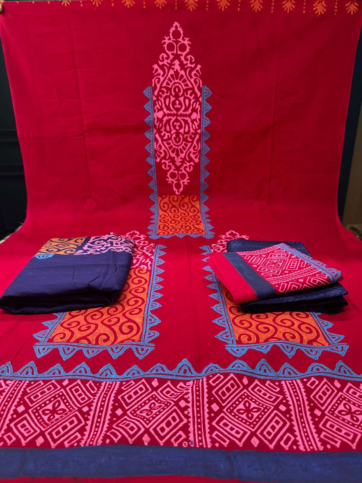 Block Print Red Unstitched Suit - 1100