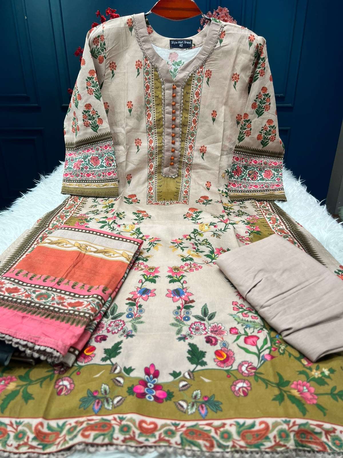 Crimson Beige Stitched Luxury Lawn - 1050