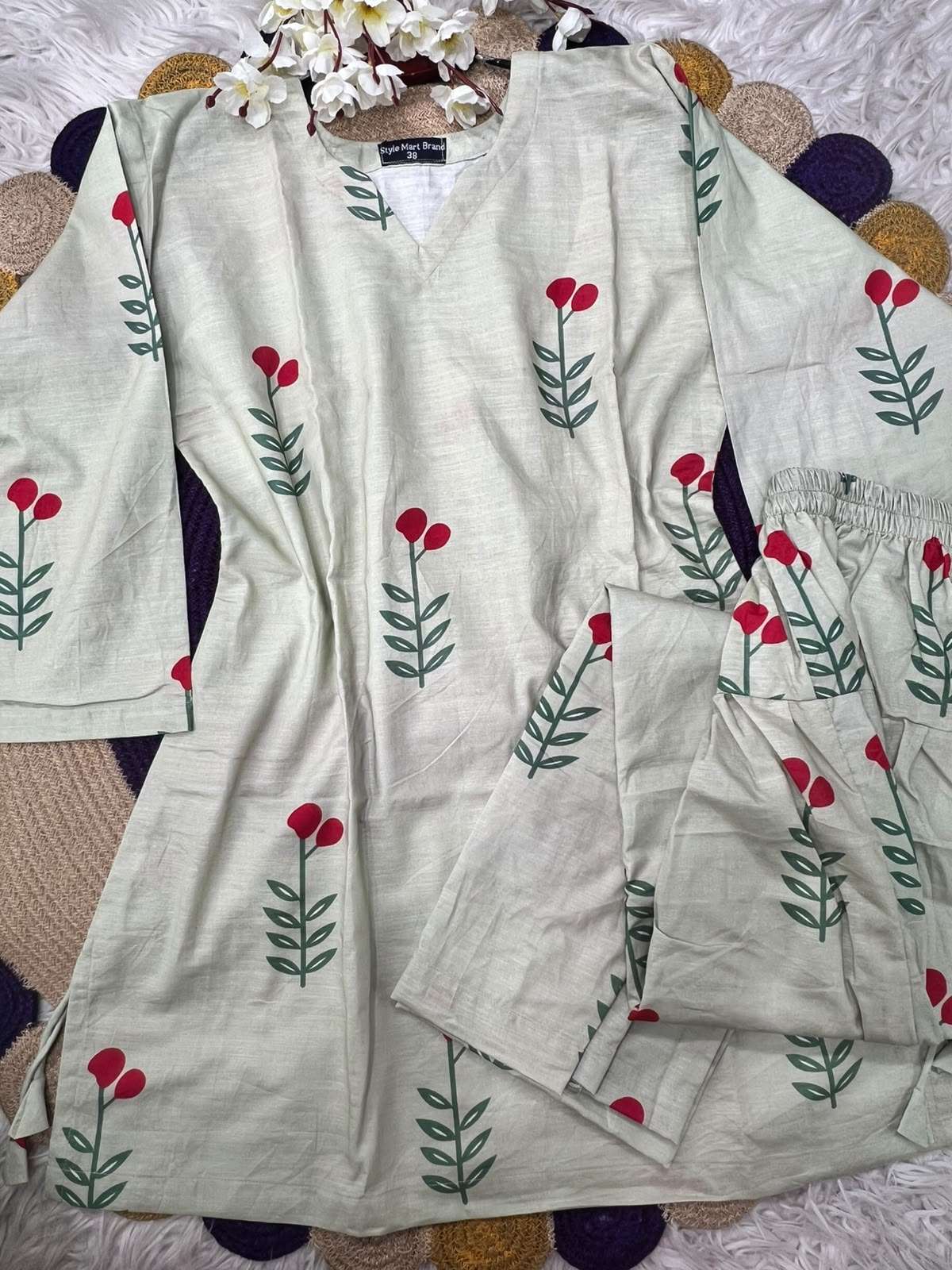 Long Two Piece Cherry Printed Stunning Kurti - 850