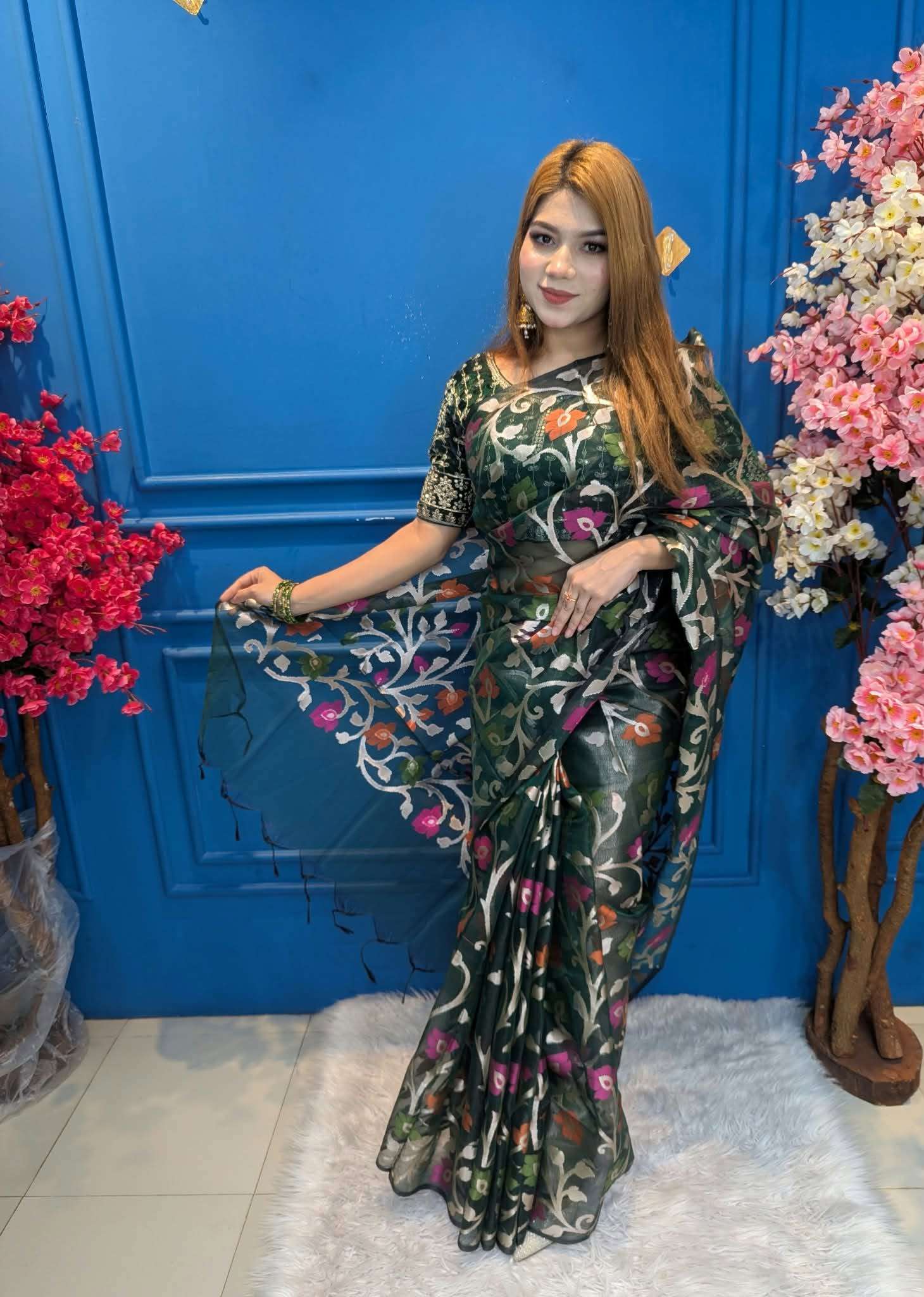 Mayaboti Soft Moslin Green Floral Saree