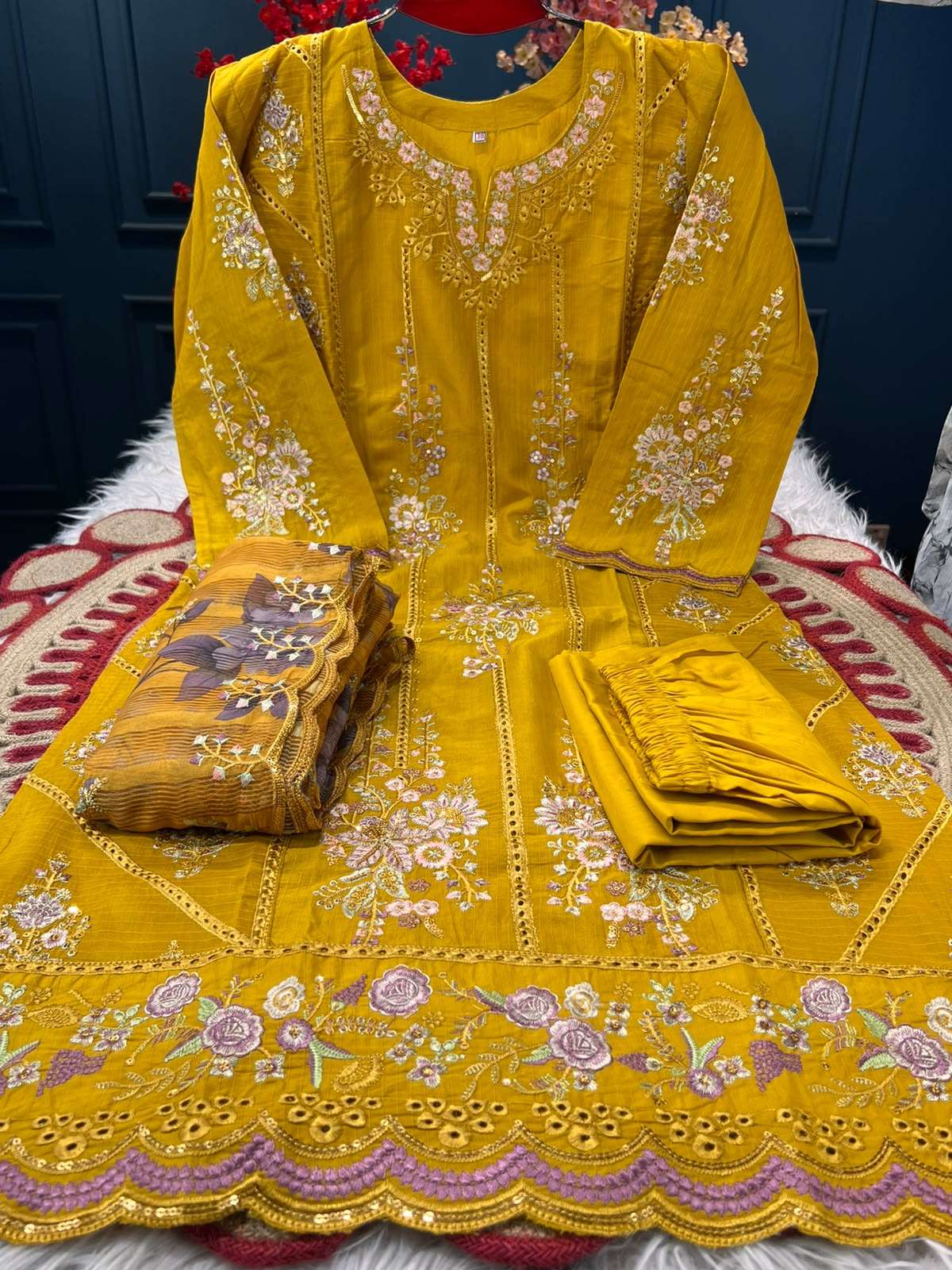 Yellow Contrast Stitched Salwar Kamiz - 1850