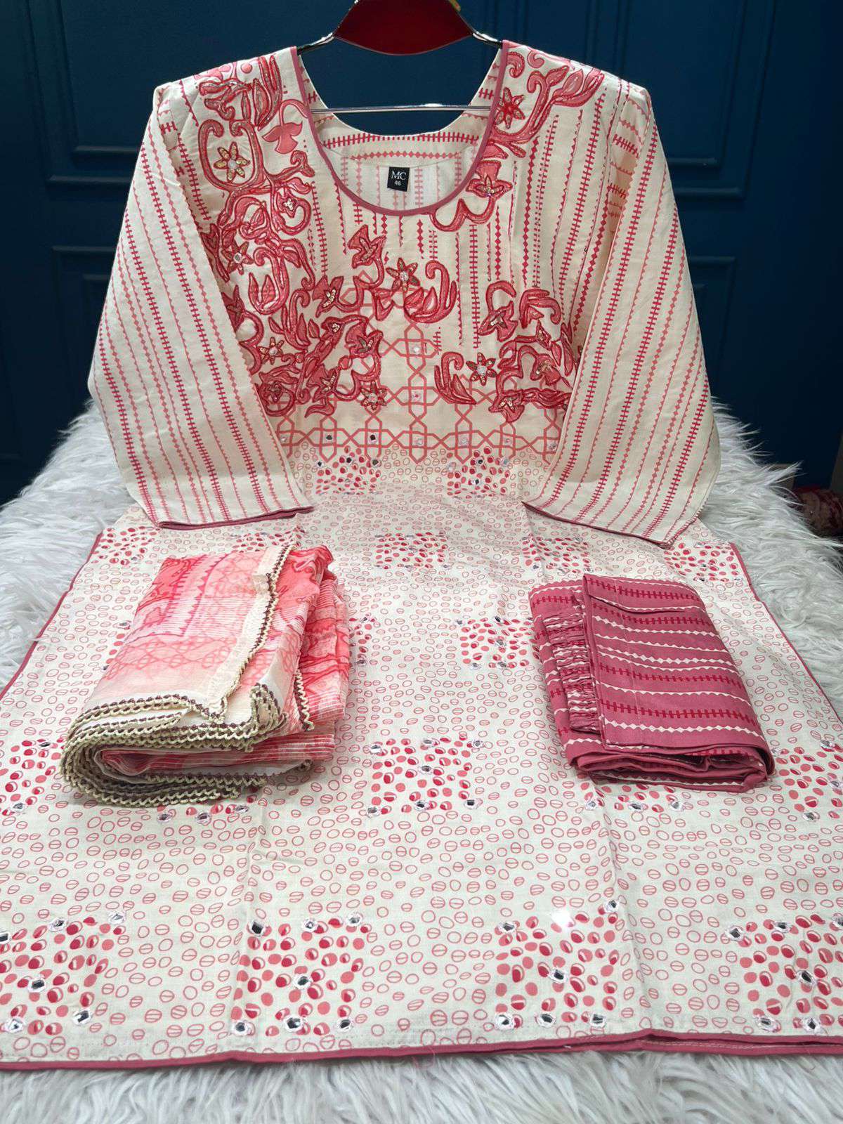 Premium Quality Pakistani Inspired Stitched Cotton Collection - 1550 Cream & Misty