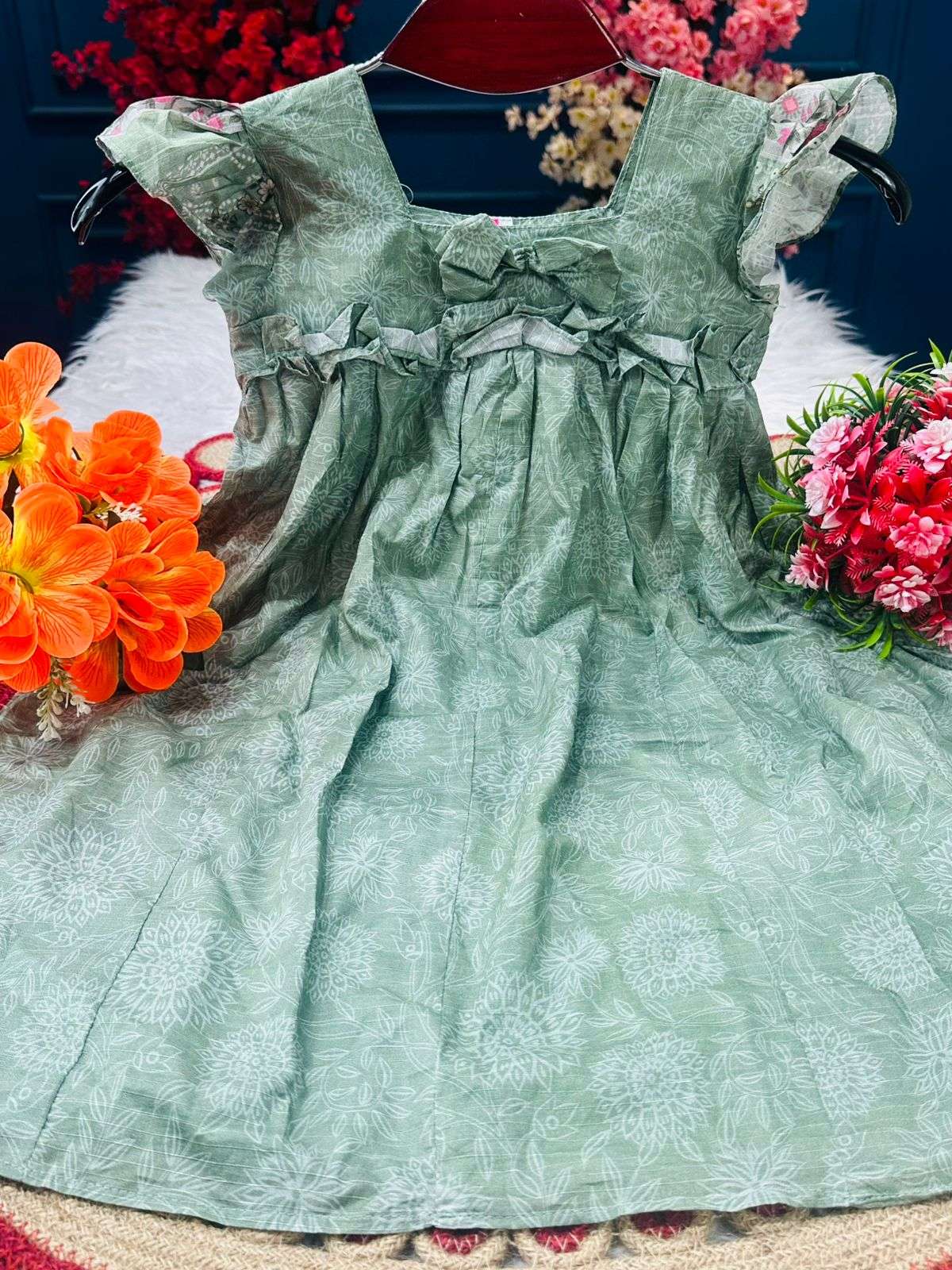 Adorable Silver Green Baby Frock
