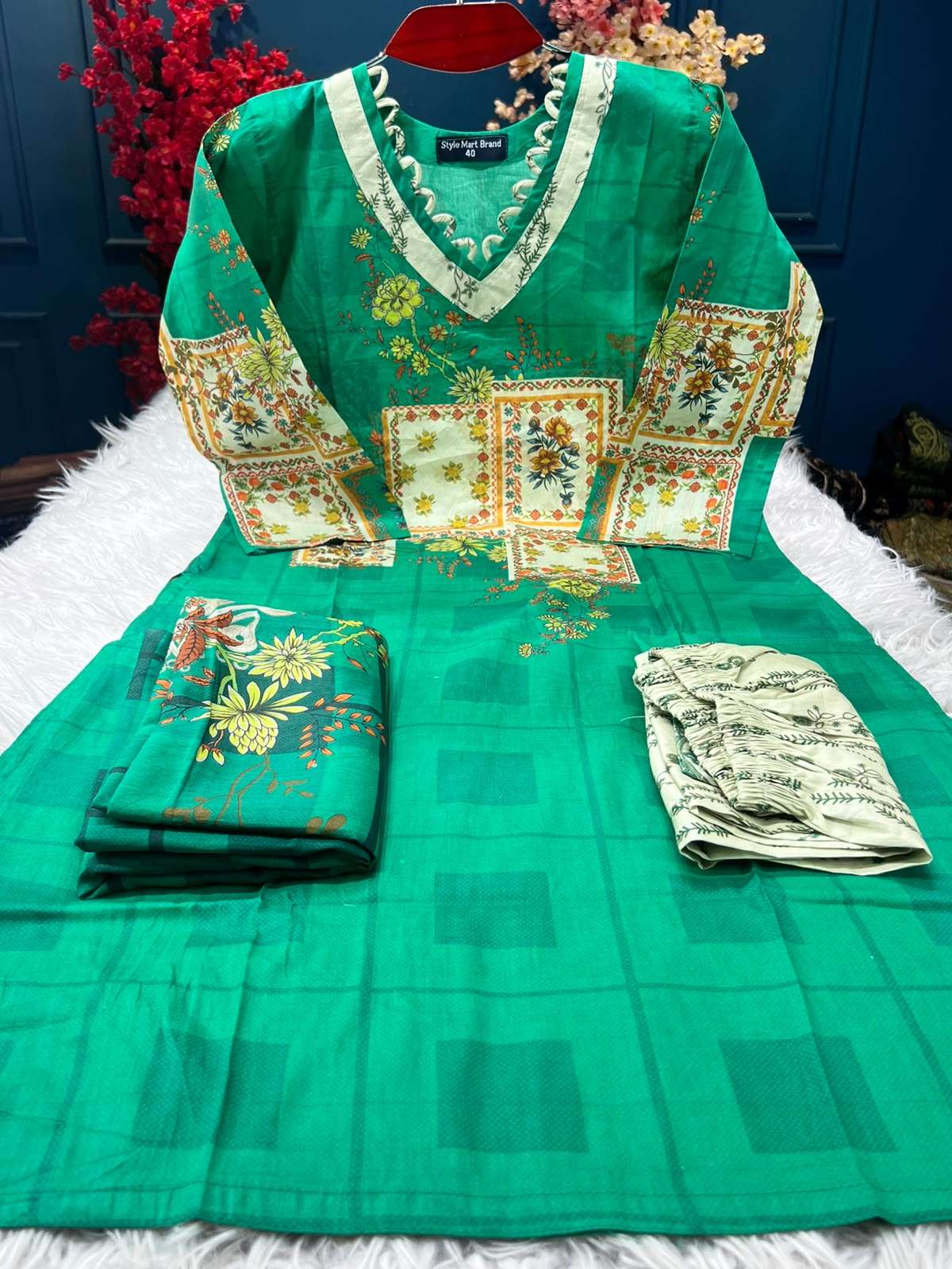 Bin Hamid Step Cotton Green Stitched Dress - 1150