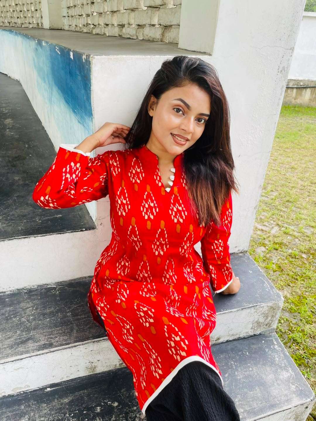Stunning Ikkat Red Cotton Kurti - 450