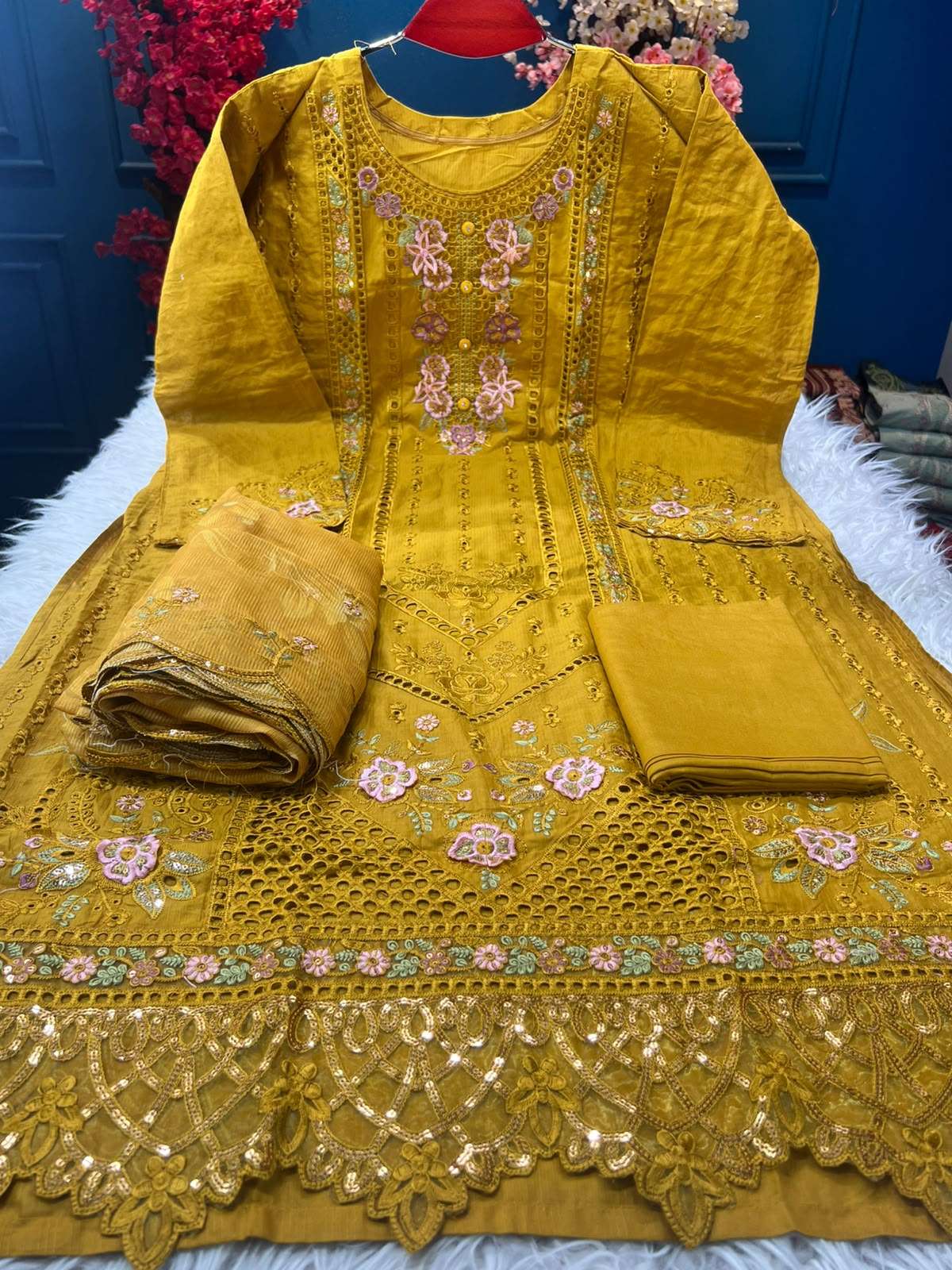 Mustard Authentic Semi Stitched Festive Suit - 2250