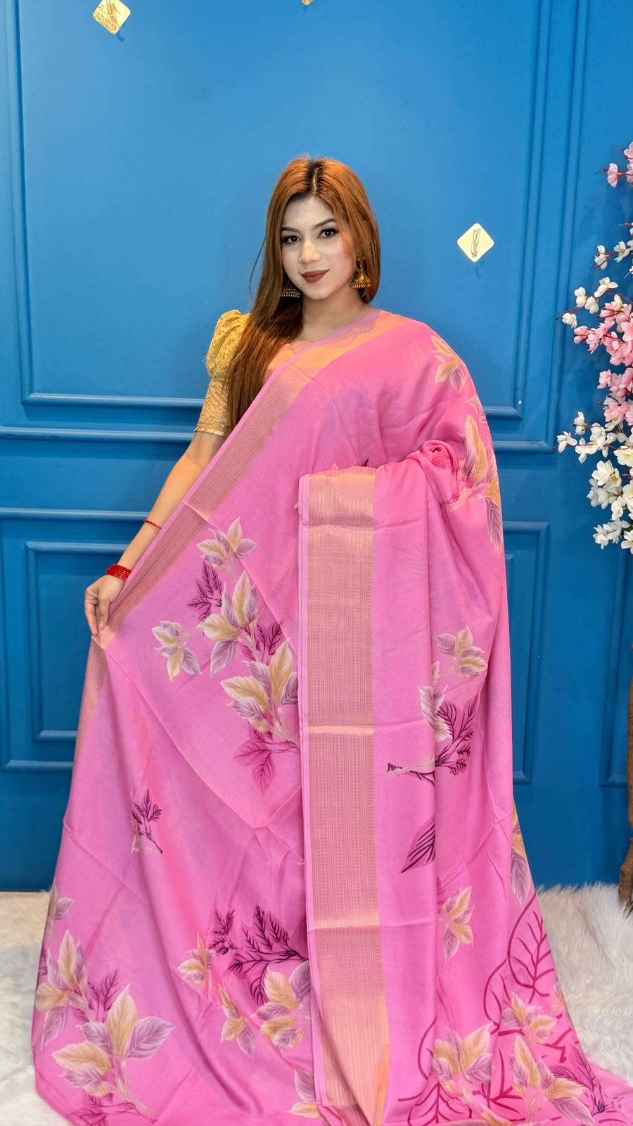 Snigdha Soft Moslin Pink Floral Saree