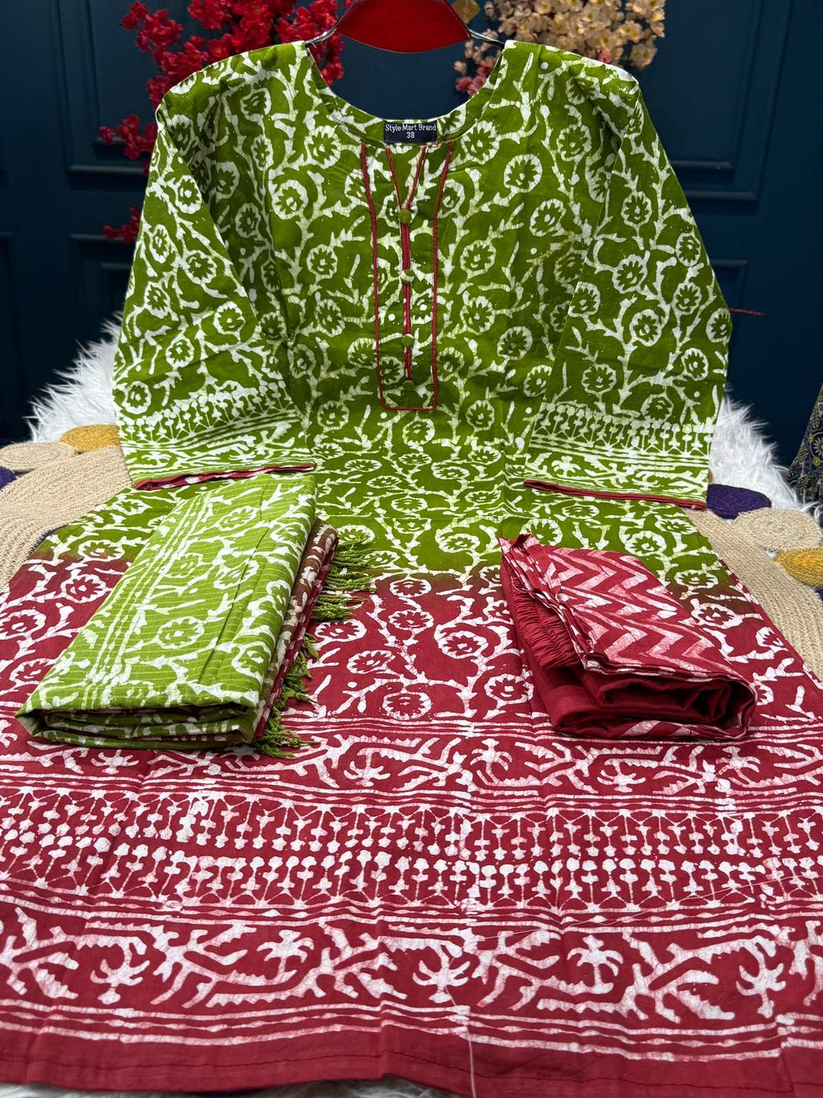 Natural Batik Red With Olive Stitched Dress - 1300