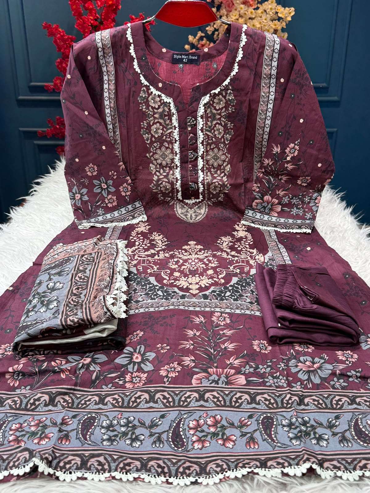 Luxury Lawn Maroon Ready Dress - 1050