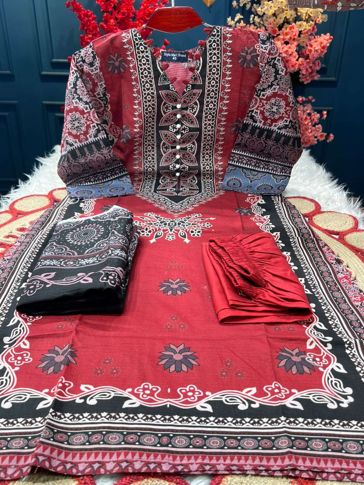 Crimson Brick Stitched Lawn Floral Dress - 1150