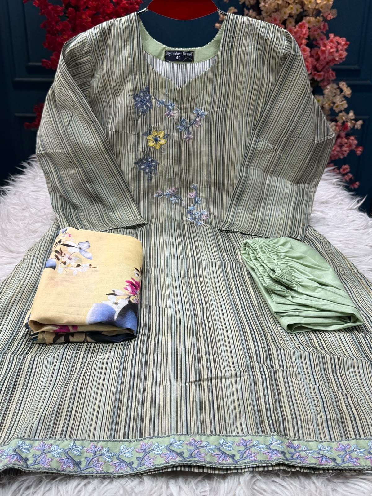 Mint Striped Stitched Salwar Kameez - 1200