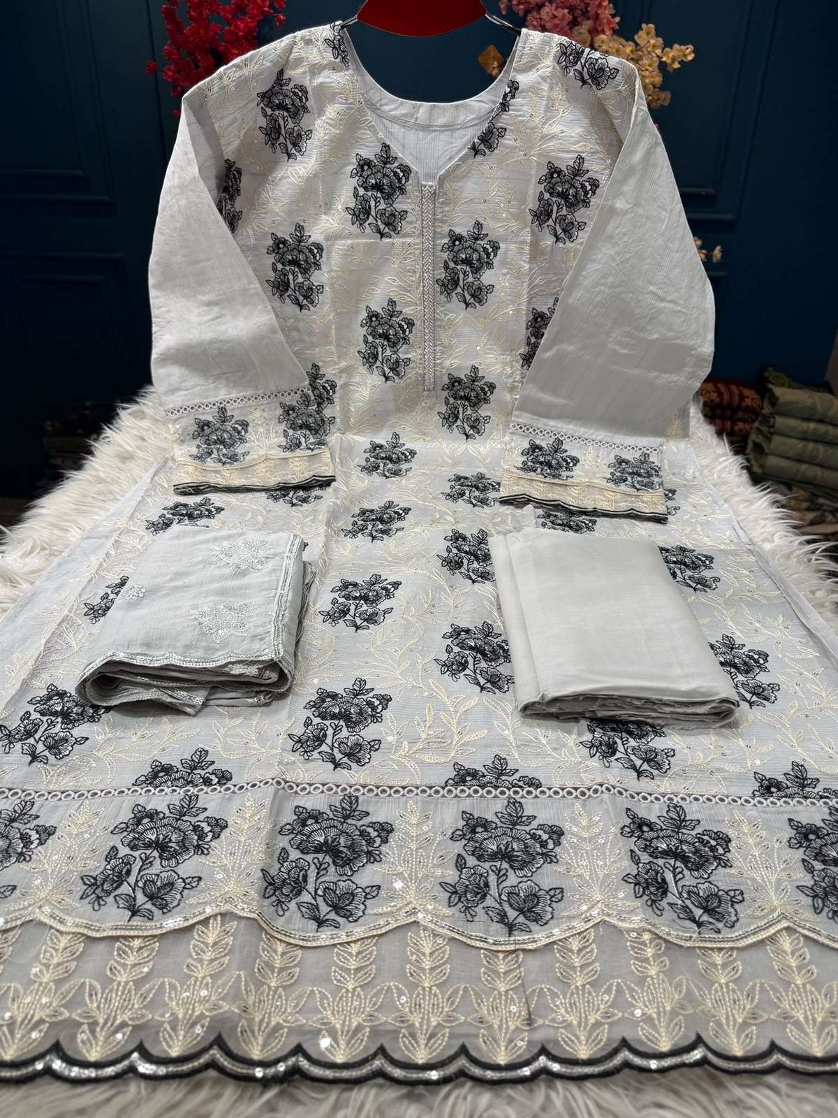 Authentic Grey Semi Stitched Festive Suit - 1950