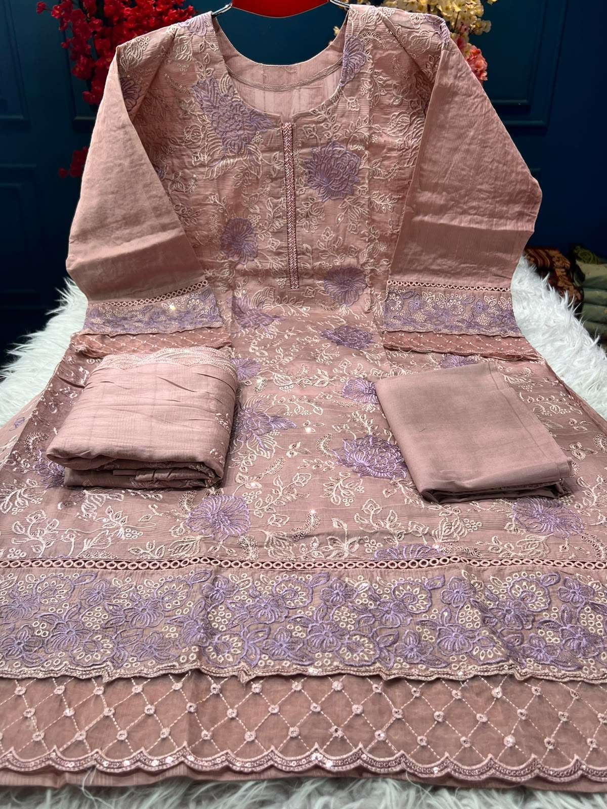Semi Stitched Authentic Mauve Festive Suit - 1950