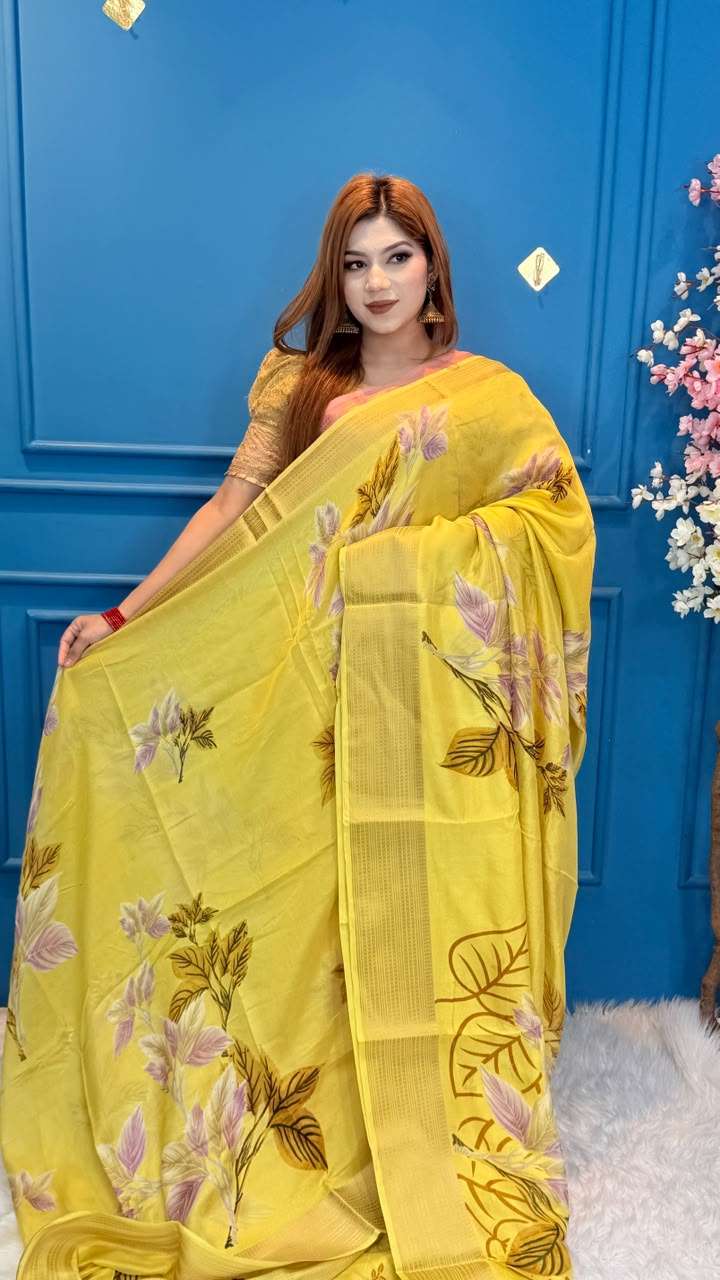 Snigdha Soft Moslin Yellow Floral Saree
