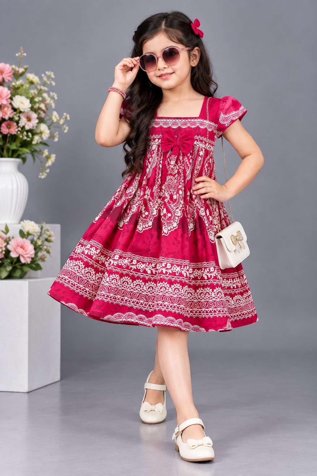 Baby Mejenta White Floral Frock