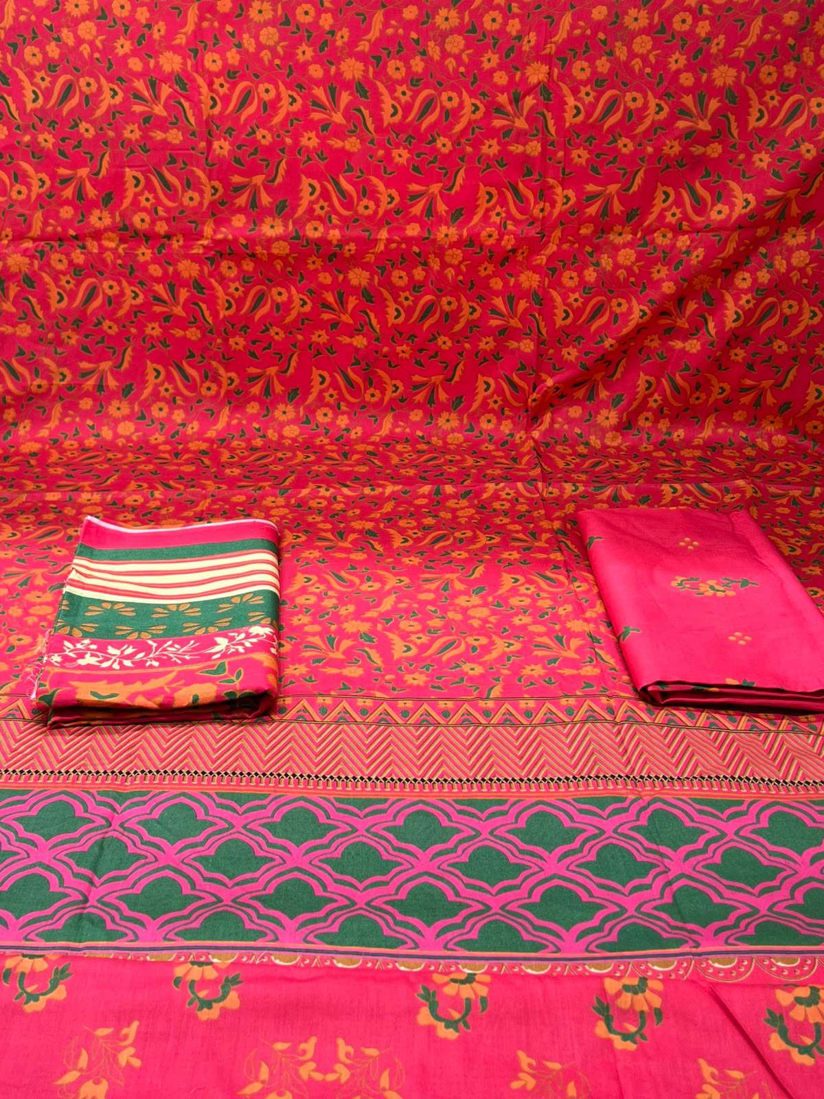 Charizma Printed Red Orange Unstitched Lawn - 1050