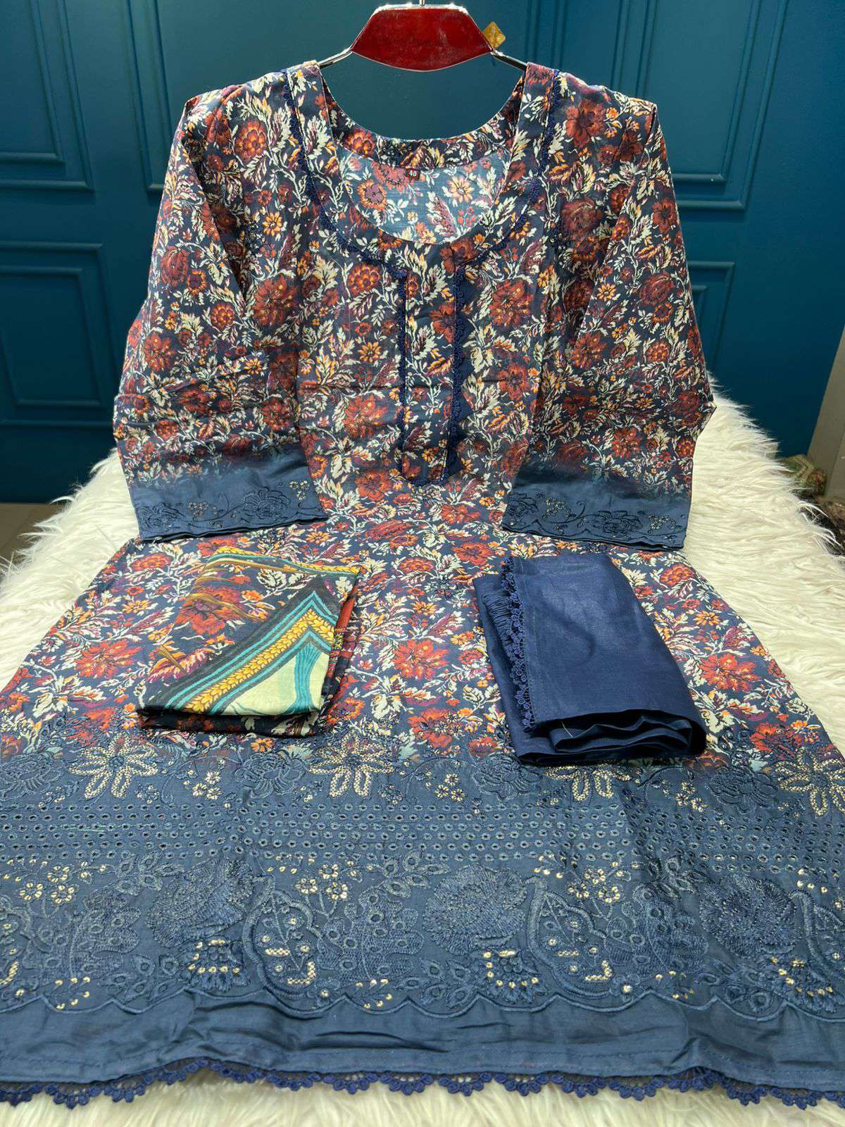 Classic Print Flower Deep Blue Salwar Kameez - 999