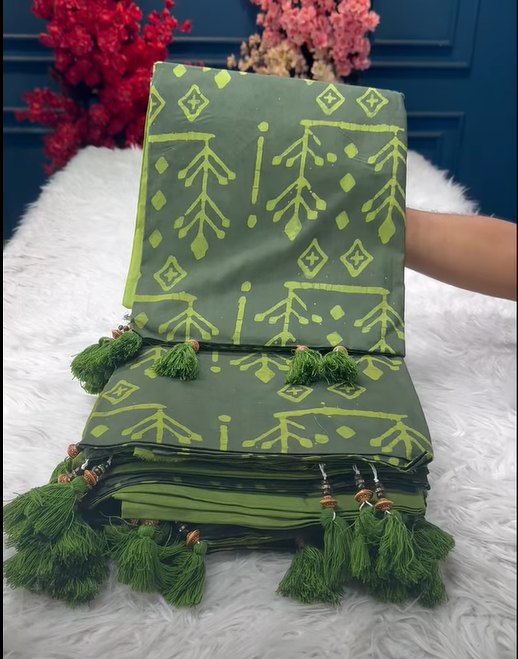 Natural Batik Olive Green Unstitched Dress - 1200