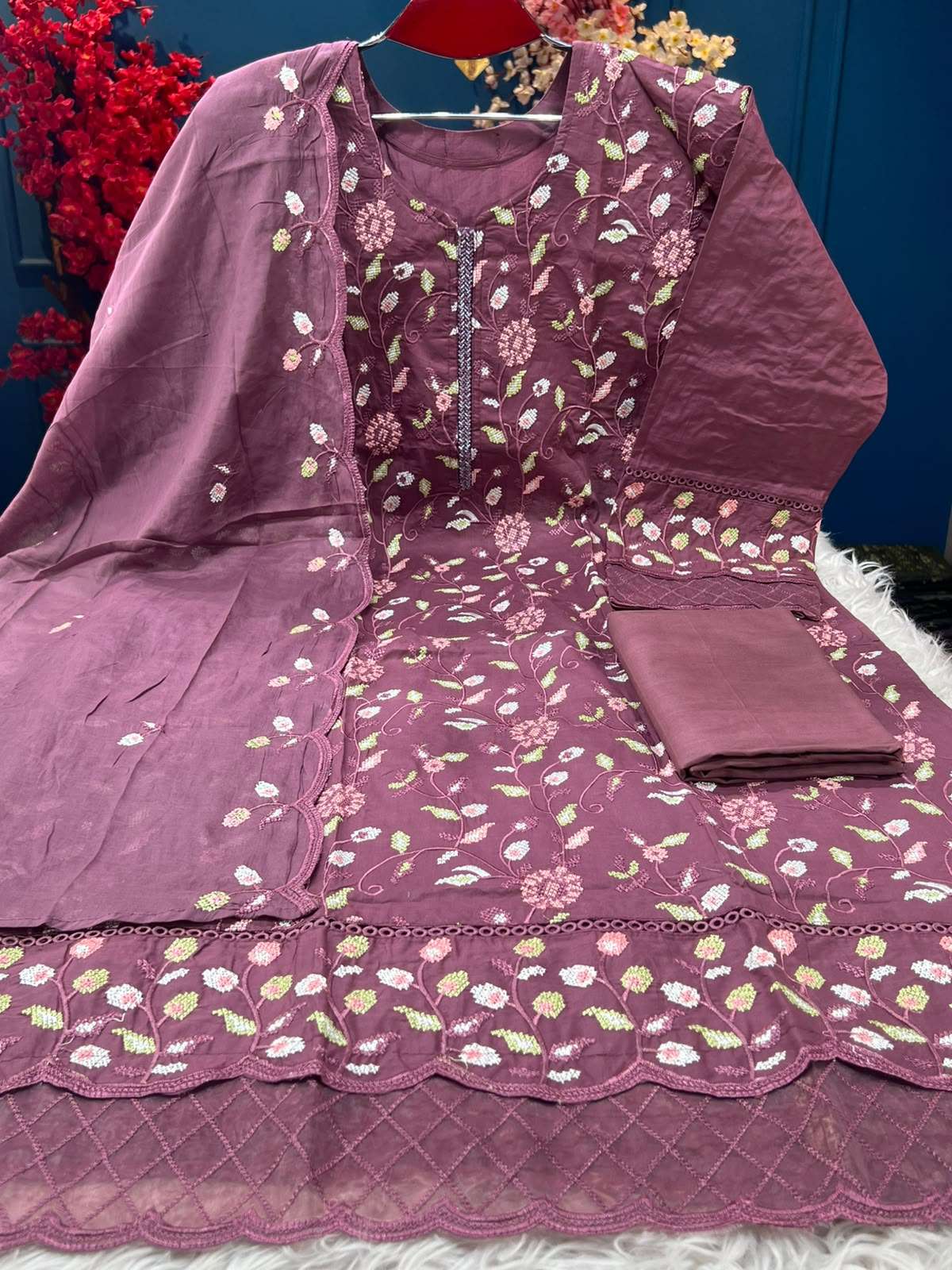 Semi Stitched Chic Maroon Festive Suit - 1950