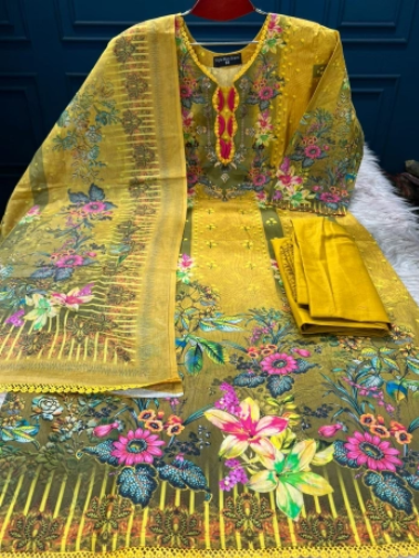 Premium Quality Luxury Lawn Stitched Collection - Mustard 1100