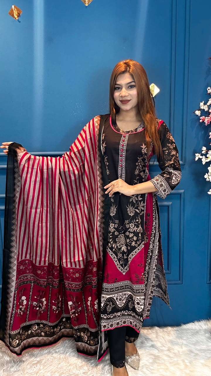 Luxury Lawn Stitched Dress - 1050 Black Magenta