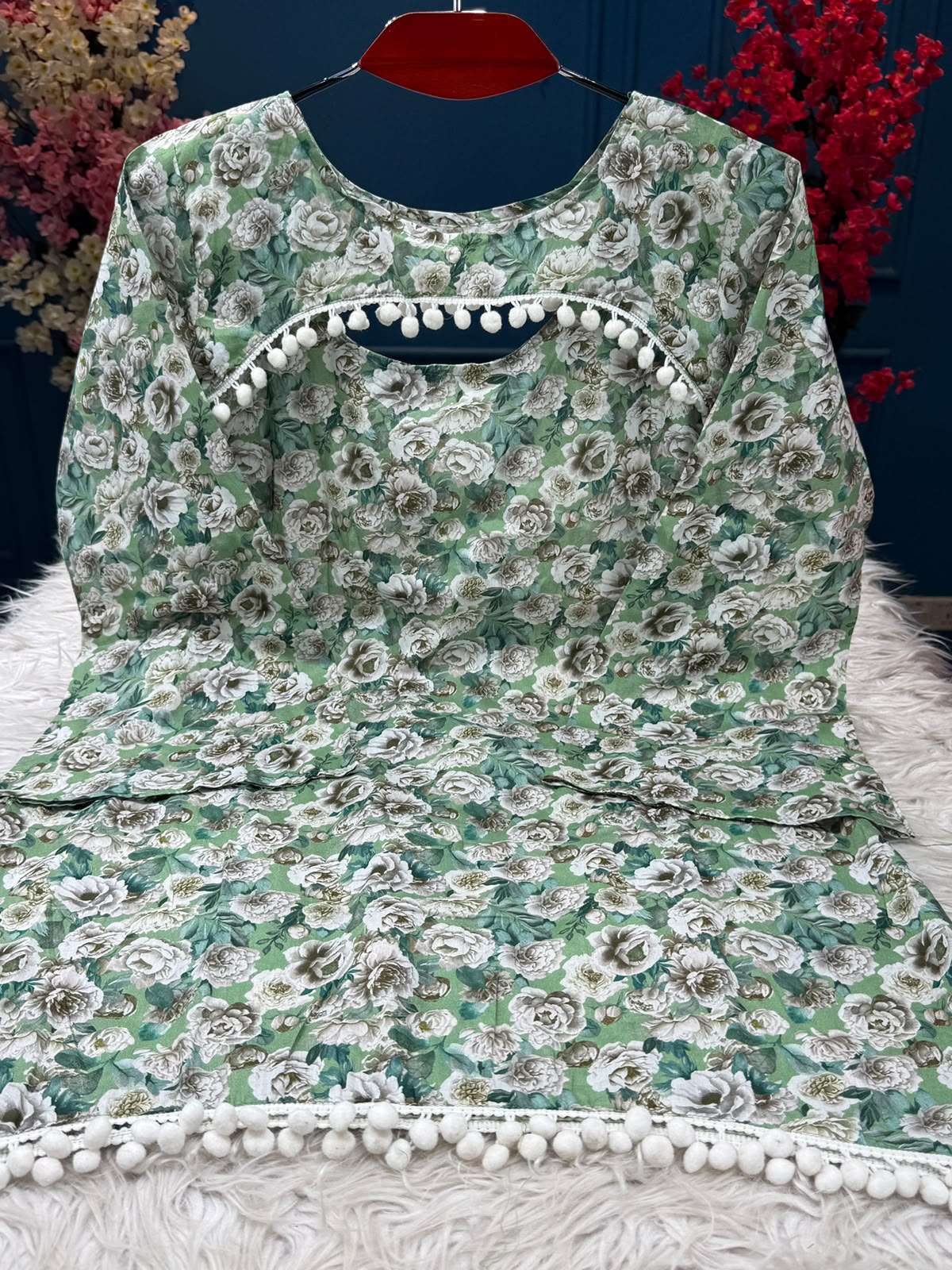 Stunning Mint Pompom Cotton Kurti - 499