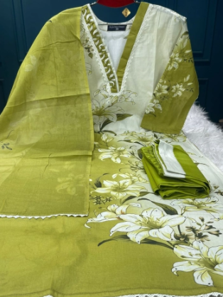 Premium Quality Luxury Lawn Stitched Collection - Olive Colour 1100