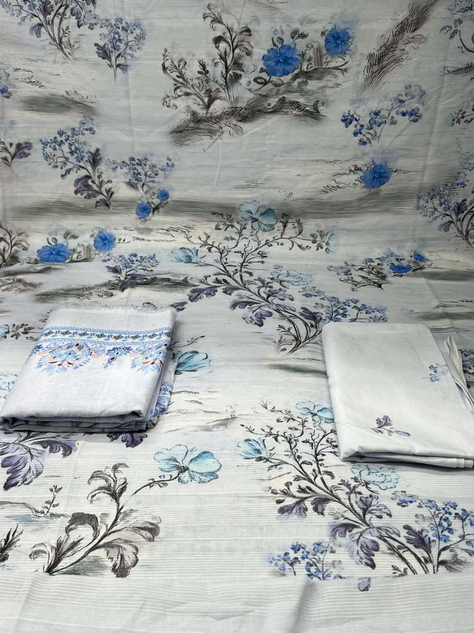 Step Cotton Fashionable Unstitched Sky  Dress - 1250