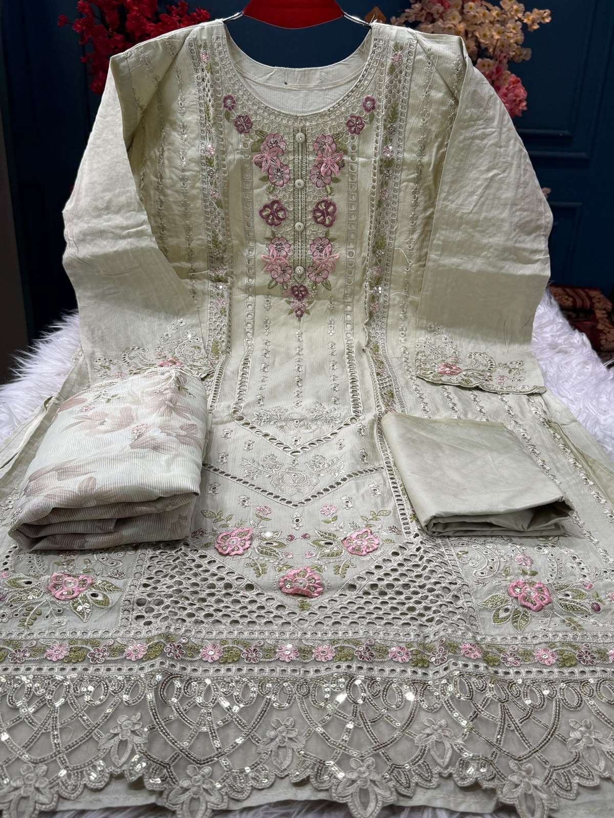 Olive Authentic Semi Stitched Festive Suit - 2250