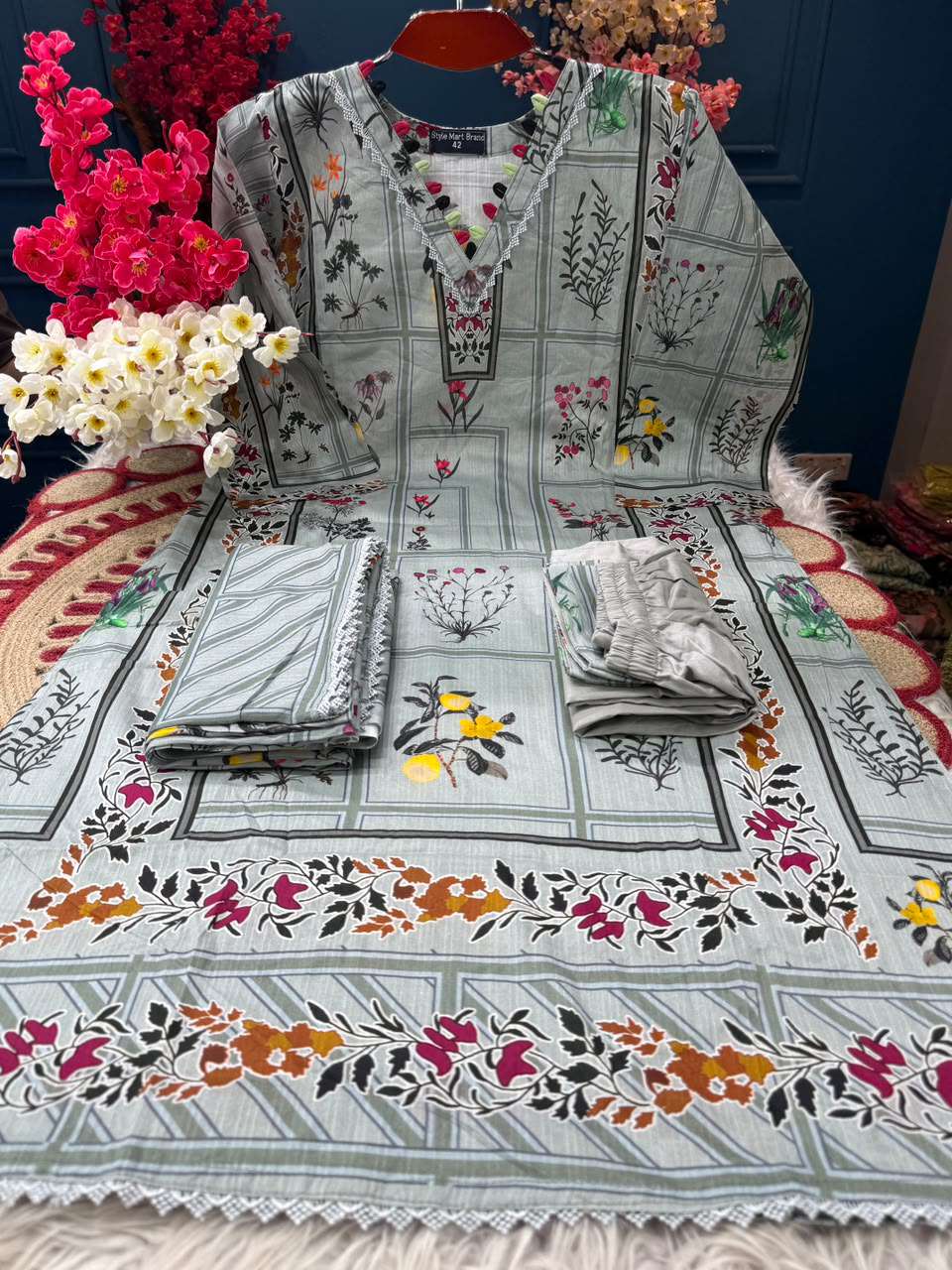 Step Cotton Glowing Ash Stitched Set - 1100