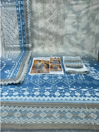 New Arraivals Premium Quality Charizma Catalogue Unstitched Collection - 1650 White & blue