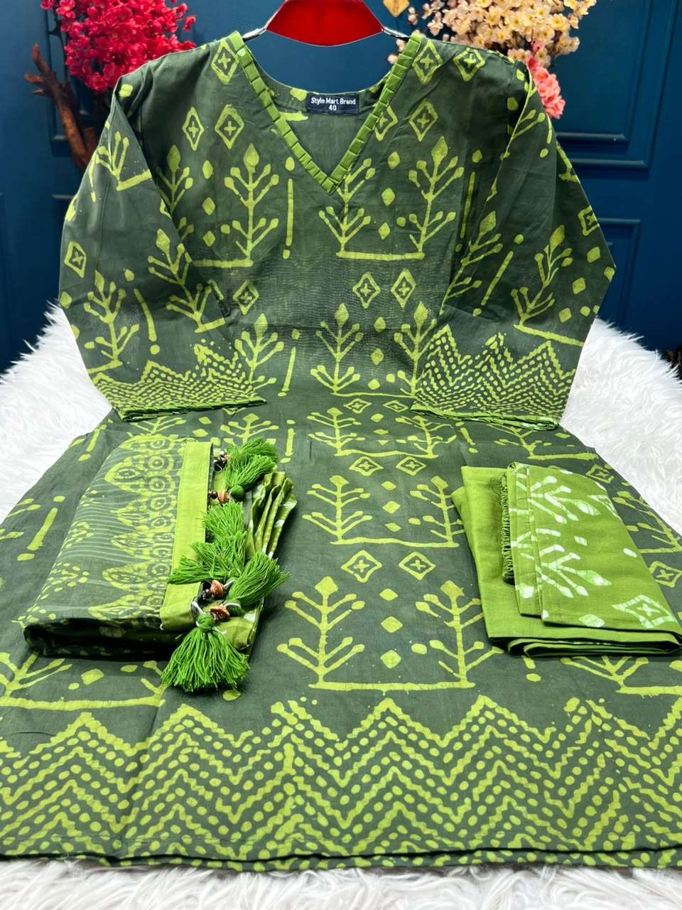 Natural Batik Olive Green Stitched Dress - 1300