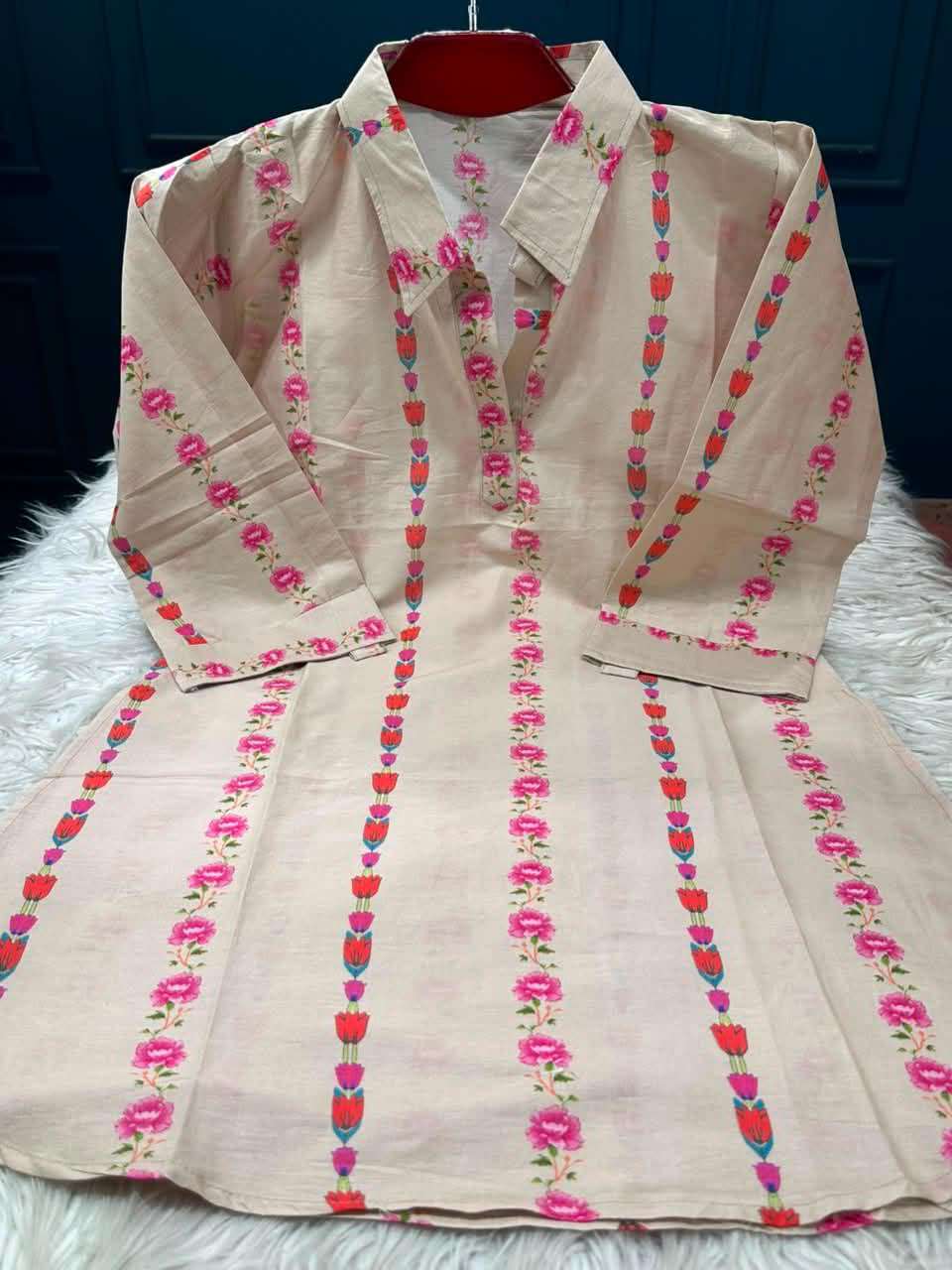 Stunning Cream Shirt Collar Cotton Kurti