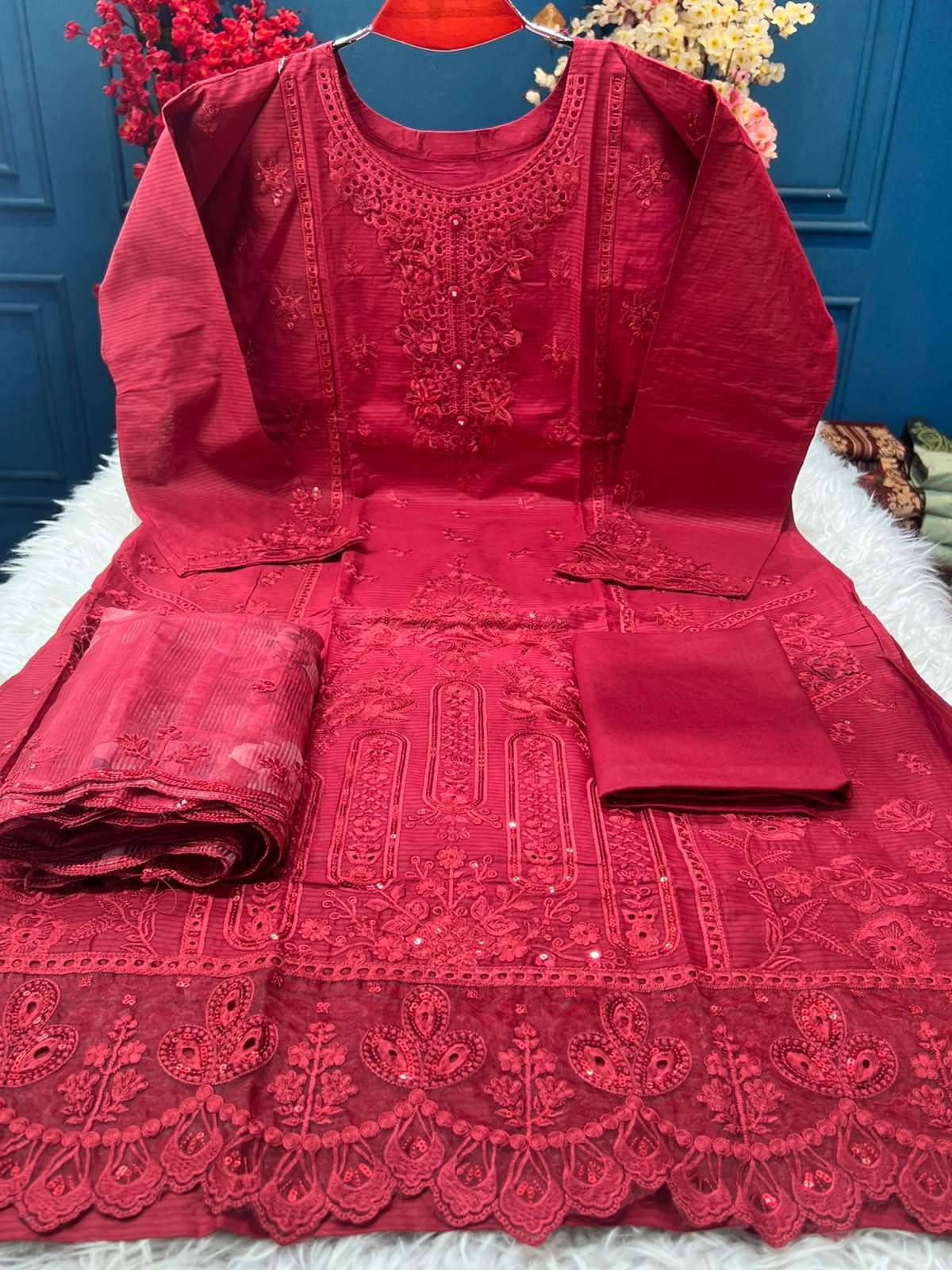 Festive Authentic Red Semi Stitched Suit - 2150
