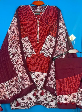 New Arraivals Vegetable Batik Stitched Three Piece For Women - 1300 Maroon 2